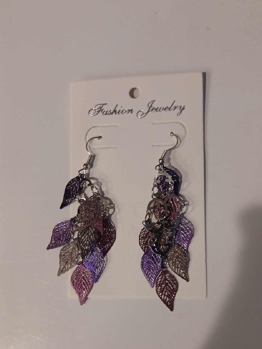 Fashion Jewelry Purple and Pink Leaf Dangle Earrings - Picture 1 of 2